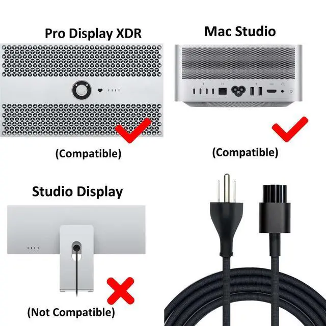 Alt view image 2 of 7 - A3389 A3143 A2901 A2615 A1999 AC Power Cord Cable for Mac Studio M1/M2/M4 & Pro Display XDR 32" 923-07008,661-26399,677-24538 (Authentic/Black/Woven/Braided) English (US) Power Cord