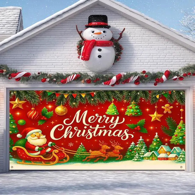 Main image of Merry Christmas Garage Door Banner Decoration Santa Sleigh 13x6 ft | Christmas Santa Sleigh Garage Door Banner Home Door Front Yard Backdrop Decor for Winter Xmas Holiday Outdoor