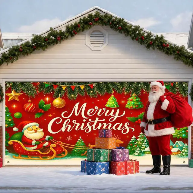 Alt view image 2 of 6 - Merry Christmas Garage Door Banner Decoration Santa Sleigh 13x6 ft | Christmas Santa Sleigh Garage Door Banner Home Door Front Yard Backdrop Decor for Winter Xmas Holiday Outdoor