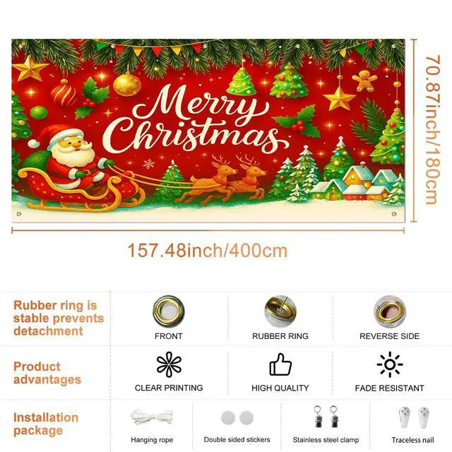 Alt view image 3 of 6 - Merry Christmas Garage Door Banner Decoration Santa Sleigh 13x6 ft | Christmas Santa Sleigh Garage Door Banner Home Door Front Yard Backdrop Decor for Winter Xmas Holiday Outdoor
