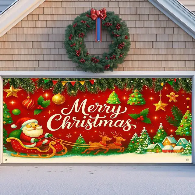 Alt view image 5 of 6 - Merry Christmas Garage Door Banner Decoration Santa Sleigh 13x6 ft | Christmas Santa Sleigh Garage Door Banner Home Door Front Yard Backdrop Decor for Winter Xmas Holiday Outdoor