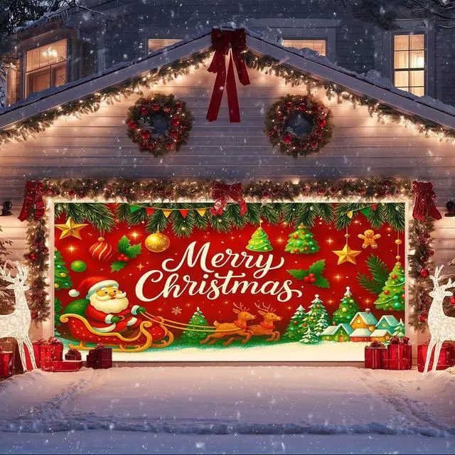 Alt view image 4 of 6 - Merry Christmas Garage Door Banner Decoration Santa Sleigh 13x6 ft | Christmas Santa Sleigh Garage Door Banner Home Door Front Yard Backdrop Decor for Winter Xmas Holiday Outdoor