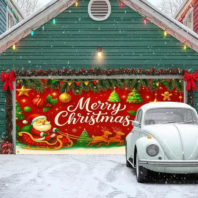 Alt view image 6 of 6 - Merry Christmas Garage Door Banner Decoration Santa Sleigh 13x6 ft | Christmas Santa Sleigh Garage Door Banner Home Door Front Yard Backdrop Decor for Winter Xmas Holiday Outdoor