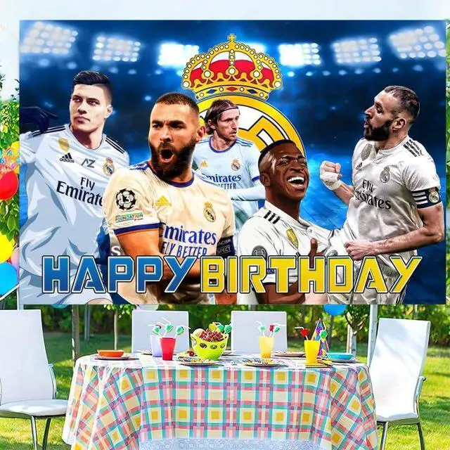 Alt view image 2 of 6 - Madrid Football Birthday Party Decorations, 5x3ft Happy Birthday Back Drop Banner Theme Backdrop Banner for Soccer Party Decorations Indoor Outdoor