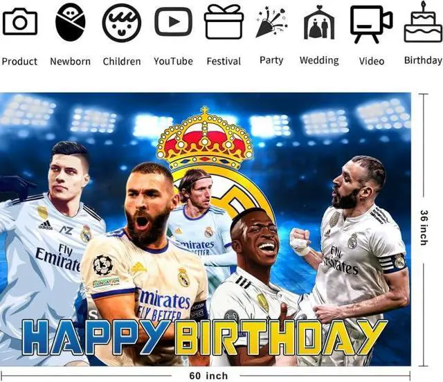 Alt view image 3 of 6 - Madrid Football Birthday Party Decorations, 5x3ft Happy Birthday Back Drop Banner Theme Backdrop Banner for Soccer Party Decorations Indoor Outdoor
