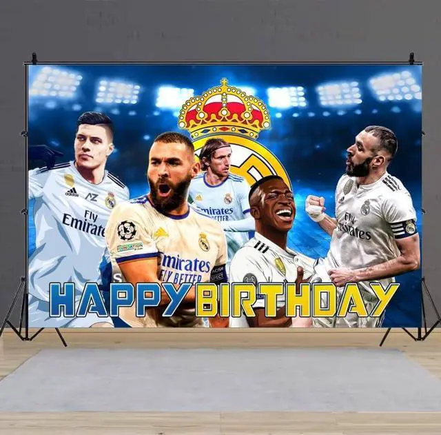 Alt view image 4 of 6 - Madrid Football Birthday Party Decorations, 5x3ft Happy Birthday Back Drop Banner Theme Backdrop Banner for Soccer Party Decorations Indoor Outdoor