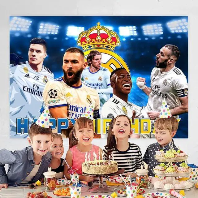 Alt view image 6 of 6 - Madrid Football Birthday Party Decorations, 5x3ft Happy Birthday Back Drop Banner Theme Backdrop Banner for Soccer Party Decorations Indoor Outdoor