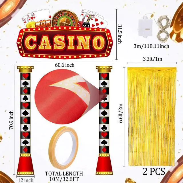 Alt view image 2 of 7 - 5 Pcs Casino Party Decorations with Gold Foil Curtain Backdrop and String Lights Casino Theme Backdrop Awards Night Decorations for Halloween, New Year, Birthday Vintage Art Events