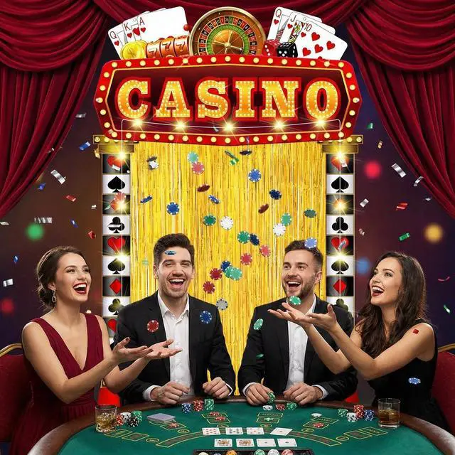 Alt view image 7 of 7 - 5 Pcs Casino Party Decorations with Gold Foil Curtain Backdrop and String Lights Casino Theme Backdrop Awards Night Decorations for Halloween, New Year, Birthday Vintage Art Events