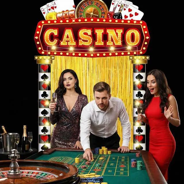 Alt view image 6 of 7 - 5 Pcs Casino Party Decorations with Gold Foil Curtain Backdrop and String Lights Casino Theme Backdrop Awards Night Decorations for Halloween, New Year, Birthday Vintage Art Events