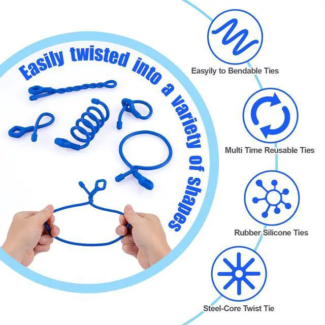 Alt view image 3 of 7 - 24Pcs Reusable Silicone Cable Twist Ties with Holes 6, 12, 18 inch | Blue Bendable Rubber Twist Ties for Cords, All Purpose Cord Tie for Bundling and Holding Indoor and Outdoor Use