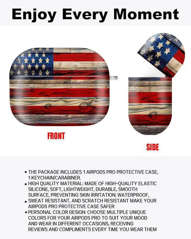 Alt view image 2 of 6 - Compatible with AirPod Pro Case 2nd/1st Gen (2023/2022/2019),Shockproof Protective Cover with Keychain for Women,Cute Charging Case for Airpod Pro 2/1(Rustic Wooden American Flag)