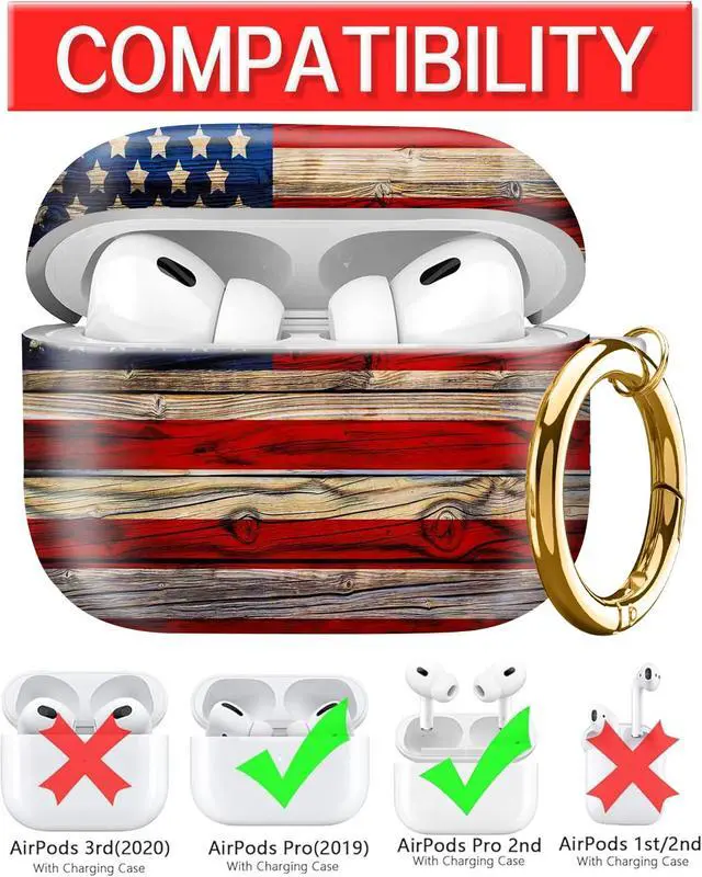 Alt view image 3 of 6 - Compatible with AirPod Pro Case 2nd/1st Gen (2023/2022/2019),Shockproof Protective Cover with Keychain for Women,Cute Charging Case for Airpod Pro 2/1(Rustic Wooden American Flag)
