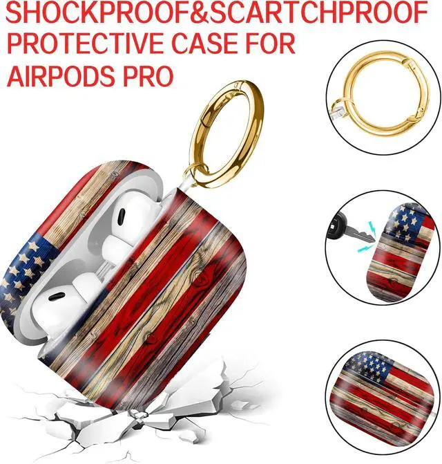 Alt view image 4 of 6 - Compatible with AirPod Pro Case 2nd/1st Gen (2023/2022/2019),Shockproof Protective Cover with Keychain for Women,Cute Charging Case for Airpod Pro 2/1(Rustic Wooden American Flag)
