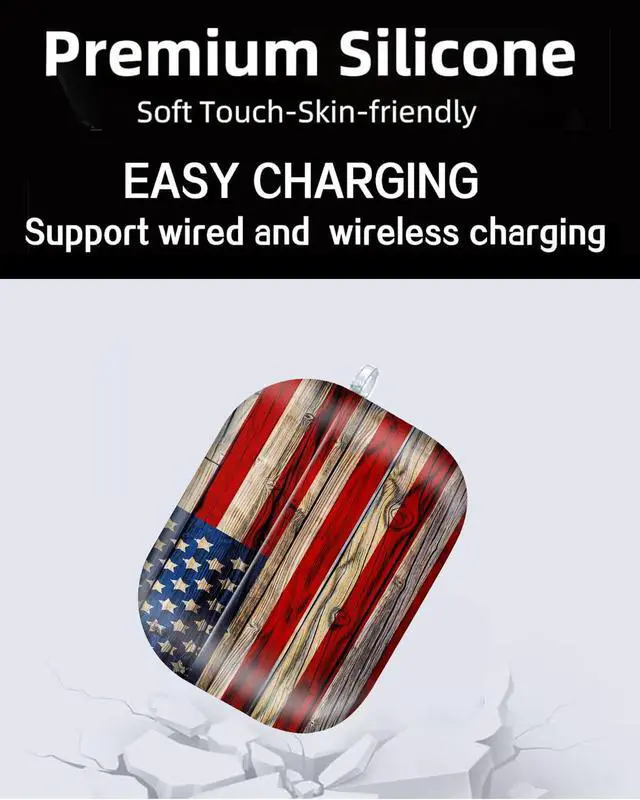 Alt view image 6 of 6 - Compatible with AirPod Pro Case 2nd/1st Gen (2023/2022/2019),Shockproof Protective Cover with Keychain for Women,Cute Charging Case for Airpod Pro 2/1(Rustic Wooden American Flag)