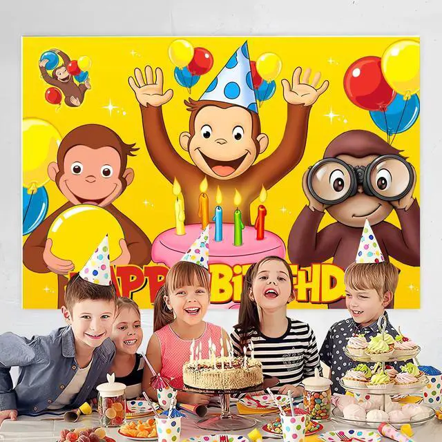 Alt view image 3 of 4 - Cartoon for George of Curious Birthday Party Backdrop,Cartoon Themed Birthday Banner Photo Background Props for Party Decoration 5x3ft