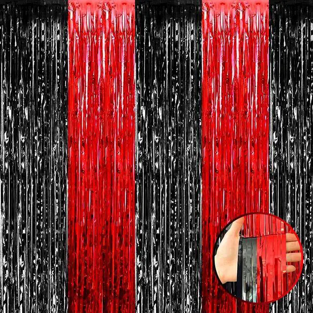 Main image of 4 Pack Black Red Foil Fringe Curtain Backdrop, 3.28Ft x 9.8Ft Metallic Tinsel Foil Fringe Streamers Curtains for Photo Booth, Wedding, Casino Viva Las Vegas Game Night Birthday Party Decoration