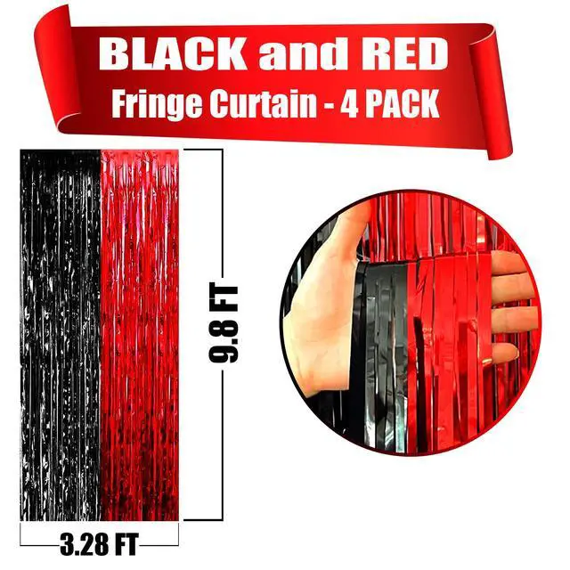 Alt view image 2 of 7 - 4 Pack Black Red Foil Fringe Curtain Backdrop, 3.28Ft x 9.8Ft Metallic Tinsel Foil Fringe Streamers Curtains for Photo Booth, Wedding, Casino Viva Las Vegas Game Night Birthday Party Decoration