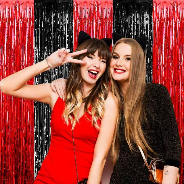 Alt view image 3 of 7 - 4 Pack Black Red Foil Fringe Curtain Backdrop, 3.28Ft x 9.8Ft Metallic Tinsel Foil Fringe Streamers Curtains for Photo Booth, Wedding, Casino Viva Las Vegas Game Night Birthday Party Decoration