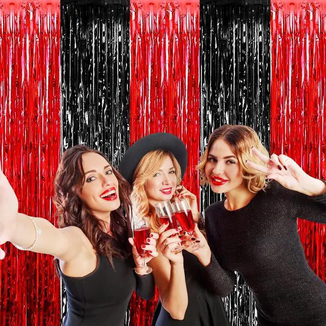 Alt view image 4 of 7 - 4 Pack Black Red Foil Fringe Curtain Backdrop, 3.28Ft x 9.8Ft Metallic Tinsel Foil Fringe Streamers Curtains for Photo Booth, Wedding, Casino Viva Las Vegas Game Night Birthday Party Decoration