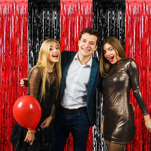 Alt view image 5 of 7 - 4 Pack Black Red Foil Fringe Curtain Backdrop, 3.28Ft x 9.8Ft Metallic Tinsel Foil Fringe Streamers Curtains for Photo Booth, Wedding, Casino Viva Las Vegas Game Night Birthday Party Decoration