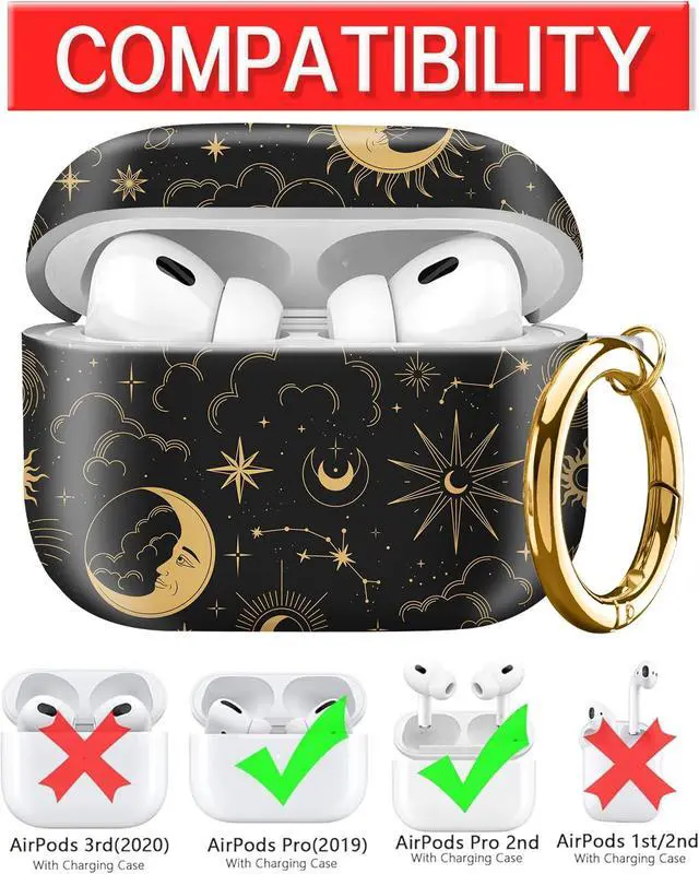 Alt view image 3 of 6 - Compatible with AirPod Pro Case 2nd/1st Gen (2023/2022/2019),Shockproof Protective Cover with Keychain for Women,Cute Charging Case for Airpod Pro 2/1(Celestial Moon and Sun)