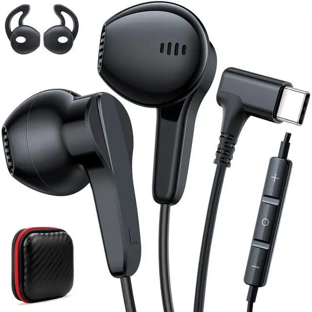 Main image of USB C Earbuds Wired C Plug Headphone 90°Right Angle Earphones Black | Cord Headphones with Microphone Volume Control for iPhone 17 16 15 Pro for Google Pixel 10 9 Pro for Samsung S26 Ultra S25