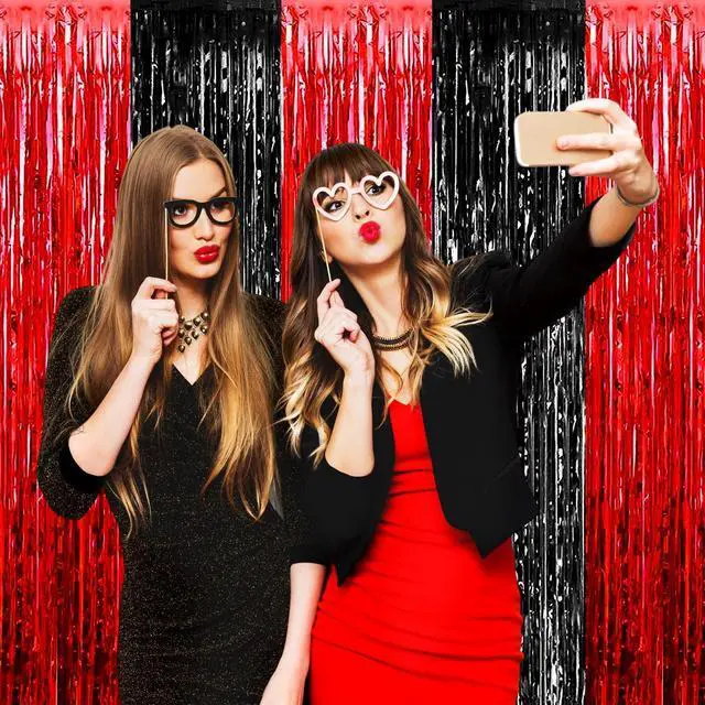 Alt view image 6 of 7 - 4 Pack Black Red Foil Fringe Curtain Backdrop, 3.28Ft x 9.8Ft Metallic Tinsel Foil Fringe Streamers Curtains for Photo Booth, Wedding, Casino Viva Las Vegas Game Night Birthday Party Decoration