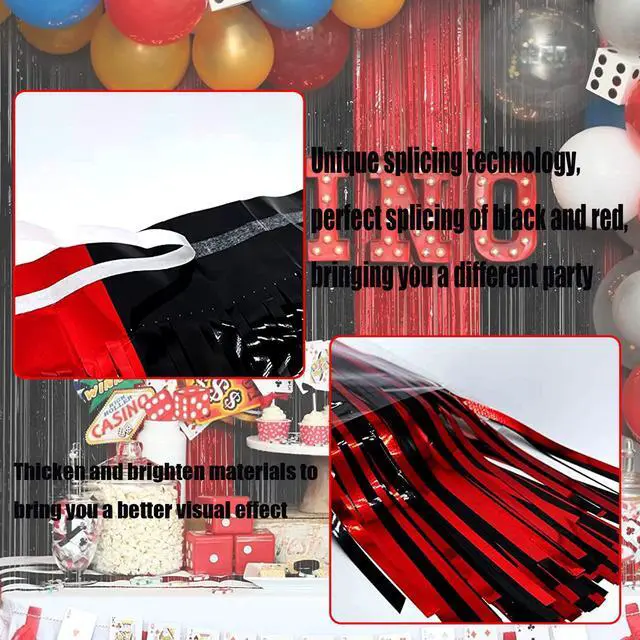 Alt view image 7 of 7 - 4 Pack Black Red Foil Fringe Curtain Backdrop, 3.28Ft x 9.8Ft Metallic Tinsel Foil Fringe Streamers Curtains for Photo Booth, Wedding, Casino Viva Las Vegas Game Night Birthday Party Decoration
