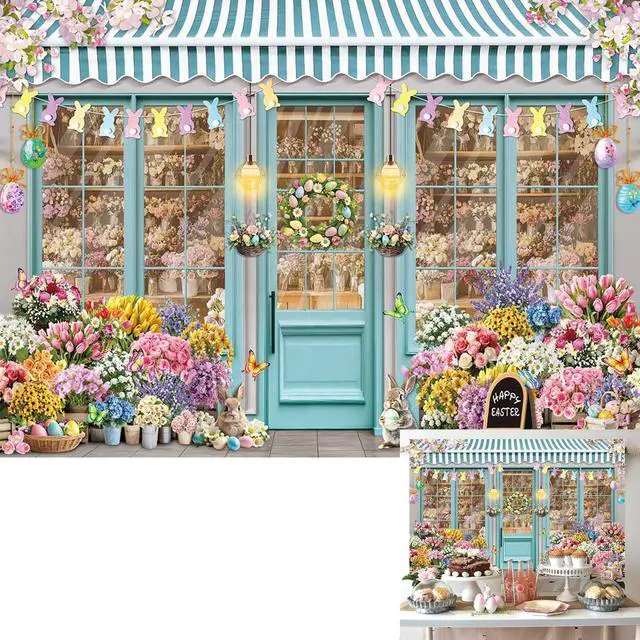 Main image of Easter Bunny Shop Backdrop Spring Flowers Shop Happy Easter Day Photoshoot Background Colorful Tulips Floral Market Party Decoration Banner Booth Props (8x6FT(94 x 70 inch))