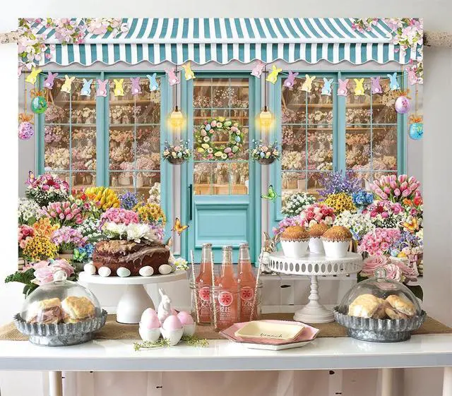 Alt view image 3 of 6 - Easter Bunny Shop Backdrop Spring Flowers Shop Happy Easter Day Photoshoot Background Colorful Tulips Floral Market Party Decoration Banner Booth Props (8x6FT(94 x 70 inch))