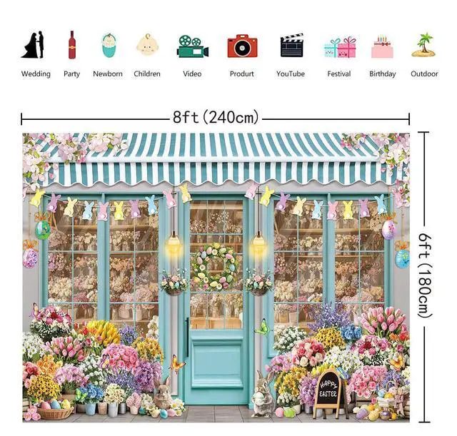 Alt view image 5 of 6 - Easter Bunny Shop Backdrop Spring Flowers Shop Happy Easter Day Photoshoot Background Colorful Tulips Floral Market Party Decoration Banner Booth Props (8x6FT(94 x 70 inch))