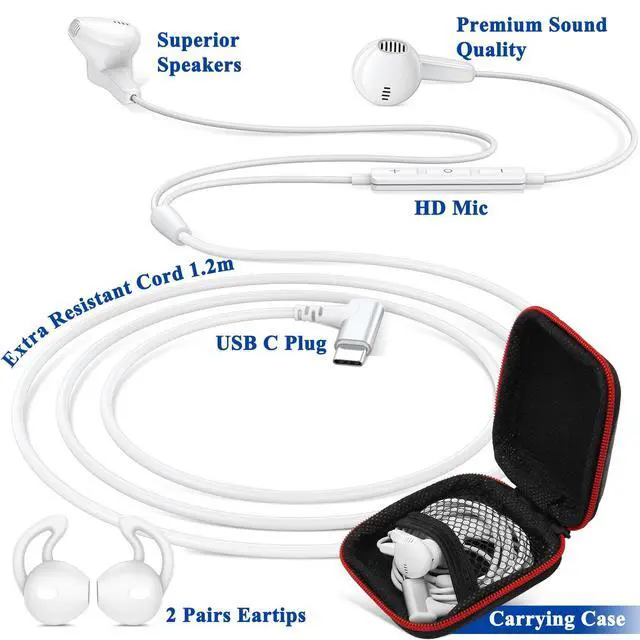 Alt view image 6 of 7 - USB C Earbuds Wired C Plug Headphone 90°Right Angle Earphones White | Cord Headphones with Microphone Volume Control for iPhone 17 16 15 Pro for Google Pixel 10 9 Pro for Samsung S26 Ultra S25
