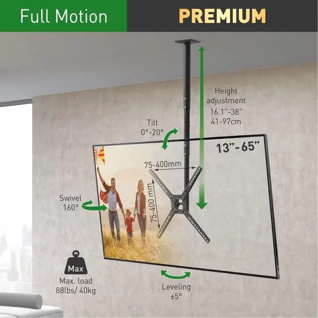 Alt view image 3 of 6 - 38'' Long TV Ceiling Mount, 13-65 inch Full Motion - 3 Movement Flat/Curved Screen Bracket, Holds up to 88lbs, Telescopic Height Adjustment, Fits LED OLED LCD
