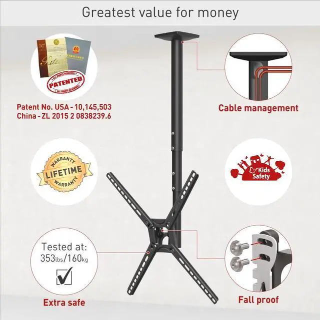 Alt view image 4 of 6 - 38'' Long TV Ceiling Mount, 13-65 inch Full Motion - 3 Movement Flat/Curved Screen Bracket, Holds up to 88lbs, Telescopic Height Adjustment, Fits LED OLED LCD