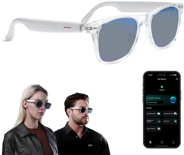 Main image of AI Smart Glasses, Translator, Open-Ear Bluetooth Audio, Black TR90 Frame | Real-time AI interpreter & translator, open-ear speakers, auto on/off wear sensor, touch control, for men & women