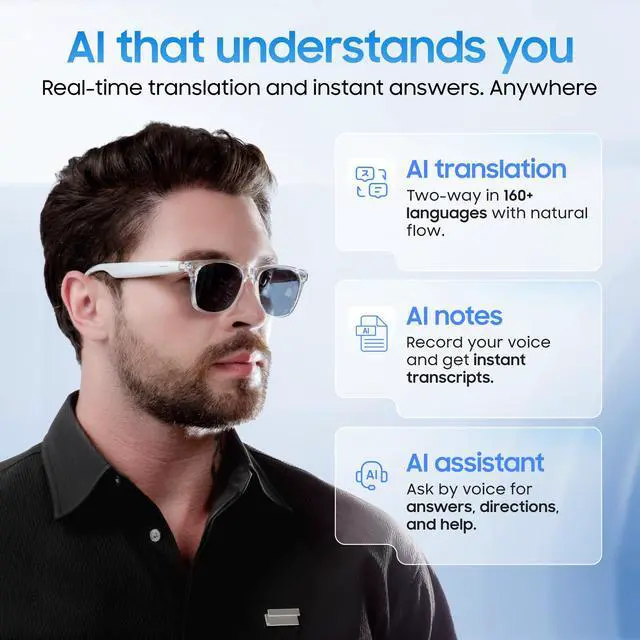 Alt view image 2 of 6 - AI Smart Glasses, Translator, Open-Ear Bluetooth Audio, Black TR90 Frame | Real-time AI interpreter & translator, open-ear speakers, auto on/off wear sensor, touch control, for men & women