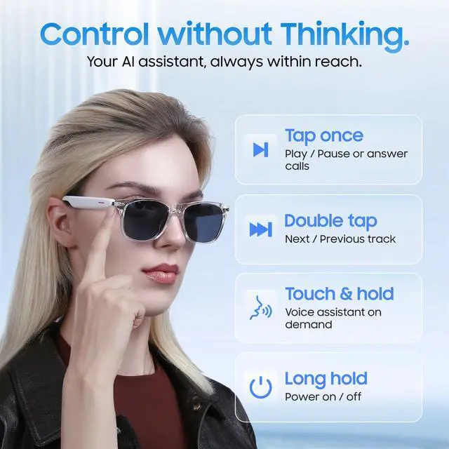 Alt view image 3 of 6 - AI Smart Glasses, Translator, Open-Ear Bluetooth Audio, Black TR90 Frame | Real-time AI interpreter & translator, open-ear speakers, auto on/off wear sensor, touch control, for men & women