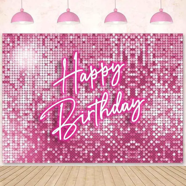 Main image of Glitter Pink Happy Birthday Backdrop Banner Decorations for Women,Pink Neon Birthday Backdrops Sign Shining Shimmer Wall Photography Background Girls Bday Party Banner Photo Booth Props 7x5ft