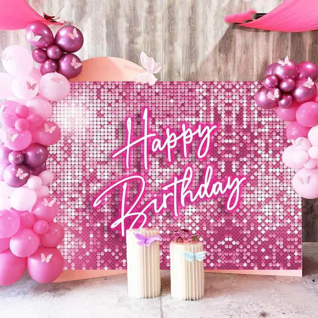 Alt view image 2 of 7 - Glitter Pink Happy Birthday Backdrop Banner Decorations for Women,Pink Neon Birthday Backdrops Sign Shining Shimmer Wall Photography Background Girls Bday Party Banner Photo Booth Props 7x5ft