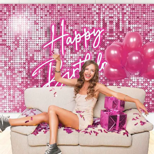 Alt view image 3 of 7 - Glitter Pink Happy Birthday Backdrop Banner Decorations for Women,Pink Neon Birthday Backdrops Sign Shining Shimmer Wall Photography Background Girls Bday Party Banner Photo Booth Props 7x5ft