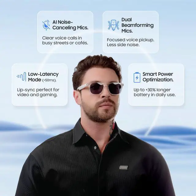 Alt view image 4 of 6 - AI Smart Glasses, Translator, Open-Ear Bluetooth Audio, Black TR90 Frame | Real-time AI interpreter & translator, open-ear speakers, auto on/off wear sensor, touch control, for men & women