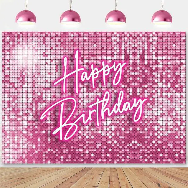 Alt view image 5 of 7 - Glitter Pink Happy Birthday Backdrop Banner Decorations for Women,Pink Neon Birthday Backdrops Sign Shining Shimmer Wall Photography Background Girls Bday Party Banner Photo Booth Props 7x5ft