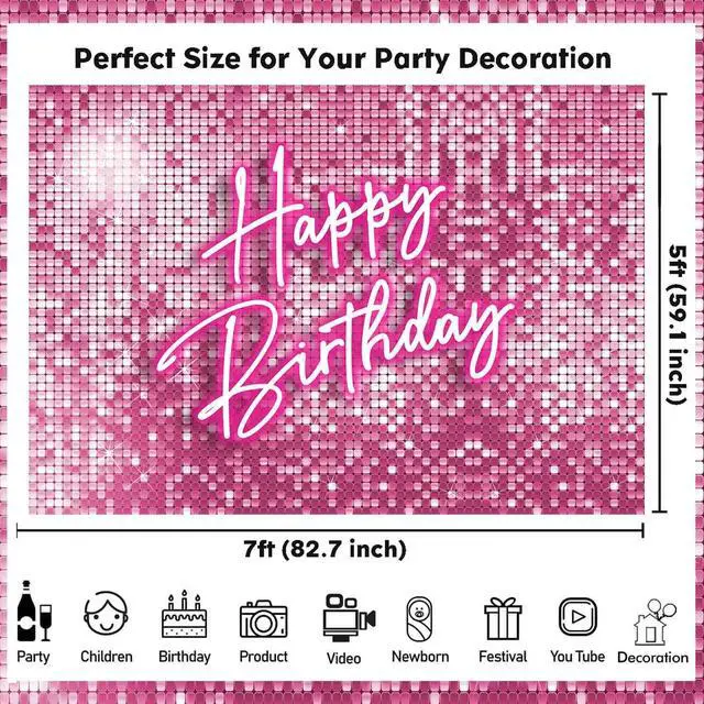 Alt view image 6 of 7 - Glitter Pink Happy Birthday Backdrop Banner Decorations for Women,Pink Neon Birthday Backdrops Sign Shining Shimmer Wall Photography Background Girls Bday Party Banner Photo Booth Props 7x5ft