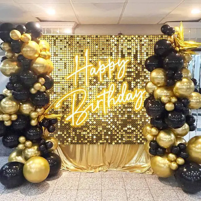 Alt view image 2 of 7 - Gold Happy Birthday Decorations Backdrop Banner,Glitter Neon Golden Birthday Backdrop Sign for Women Girls Shiny Shimmer Wall Photography Background Gold Party Supplies Photo Booth Props 7x5ft