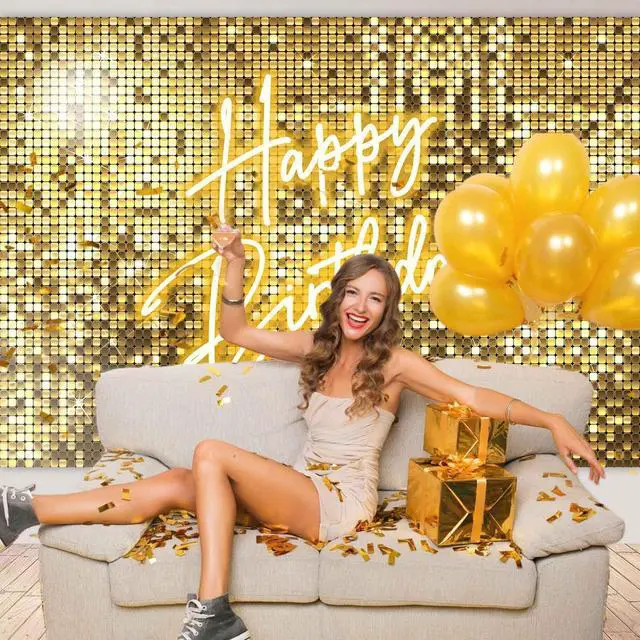 Alt view image 3 of 7 - Gold Happy Birthday Decorations Backdrop Banner,Glitter Neon Golden Birthday Backdrop Sign for Women Girls Shiny Shimmer Wall Photography Background Gold Party Supplies Photo Booth Props 7x5ft