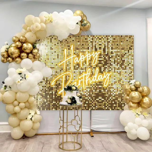 Alt view image 4 of 7 - Gold Happy Birthday Decorations Backdrop Banner,Glitter Neon Golden Birthday Backdrop Sign for Women Girls Shiny Shimmer Wall Photography Background Gold Party Supplies Photo Booth Props 7x5ft