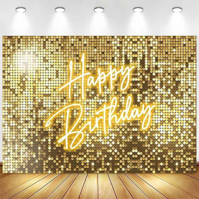 Alt view image 5 of 7 - Gold Happy Birthday Decorations Backdrop Banner,Glitter Neon Golden Birthday Backdrop Sign for Women Girls Shiny Shimmer Wall Photography Background Gold Party Supplies Photo Booth Props 7x5ft