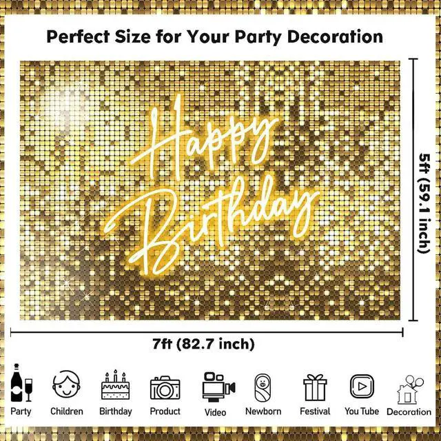 Alt view image 6 of 7 - Gold Happy Birthday Decorations Backdrop Banner,Glitter Neon Golden Birthday Backdrop Sign for Women Girls Shiny Shimmer Wall Photography Background Gold Party Supplies Photo Booth Props 7x5ft