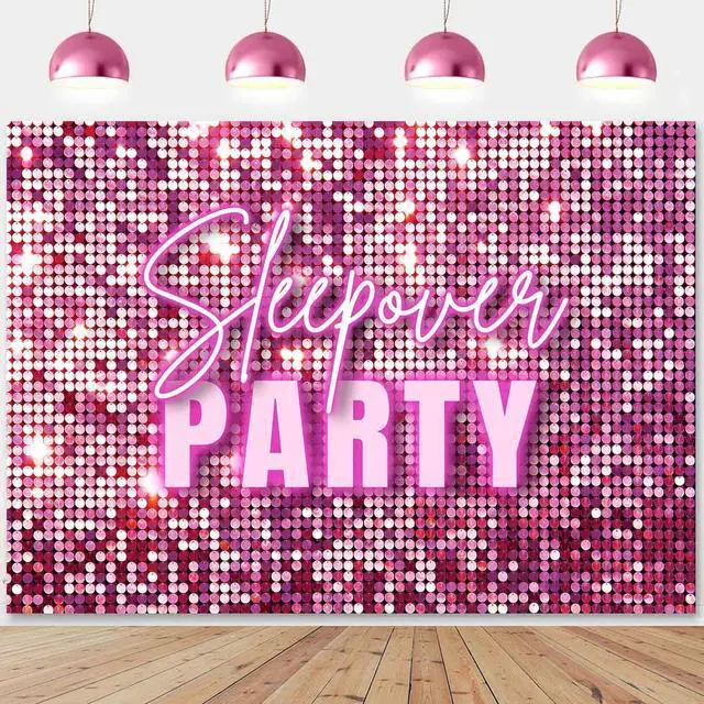 Main image of Sleepover Party Backdrop Pajamas Slumber Party Decorations for Girls Birthday Pink Glitter Shimmer Wall Photography Background Girls Night Bachelorette Party Banner Supplies Photo Props 7x5ft